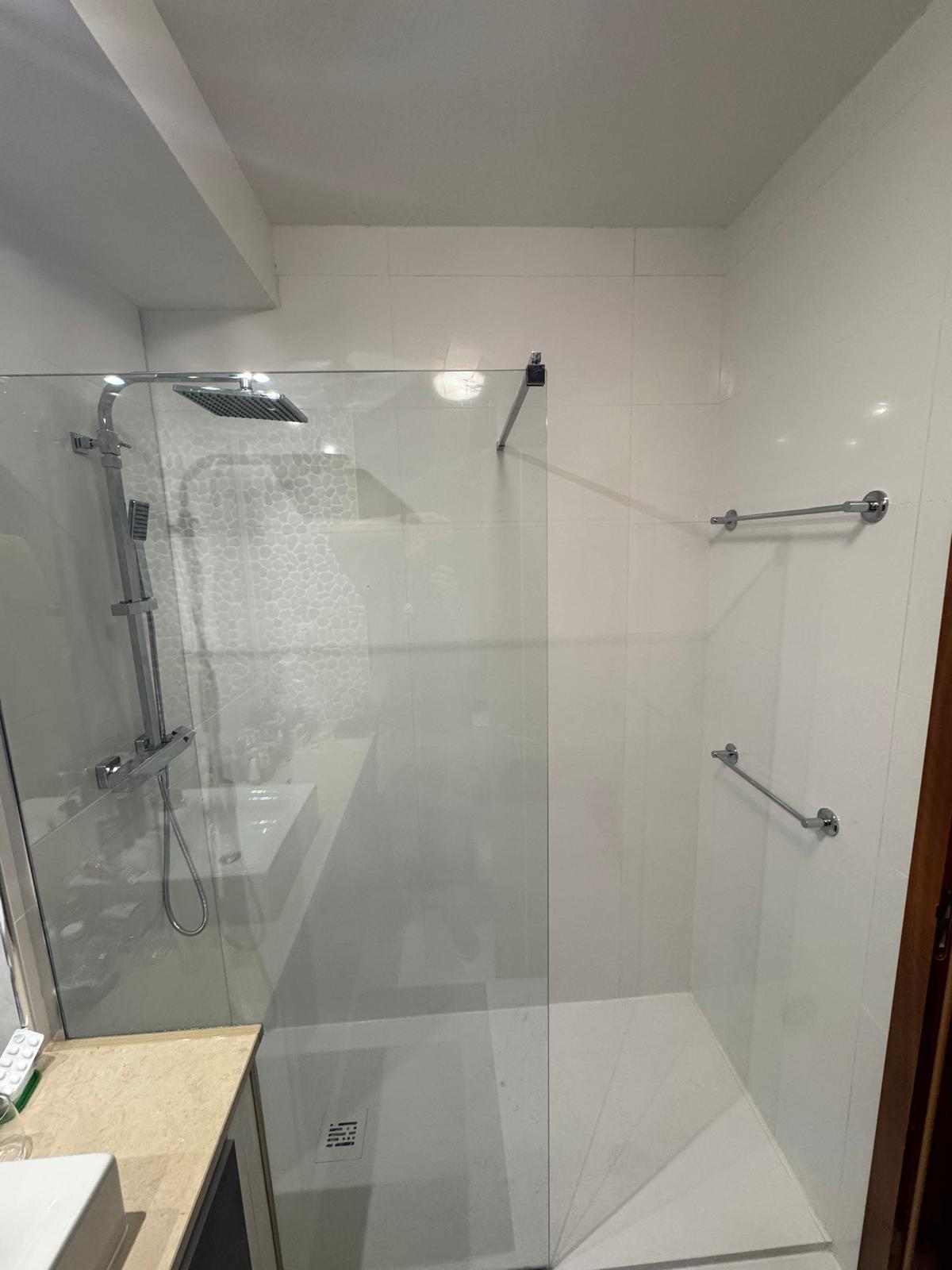 Finished walk-in shower from the vanity side